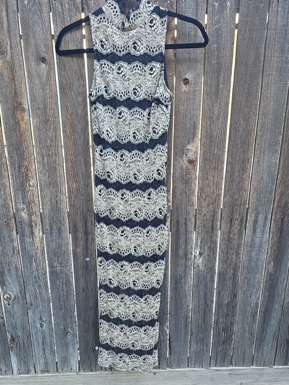 privy Black‎ and Gold Stretch Lace Maxi Sleeveless Dress Open Back Made In USA